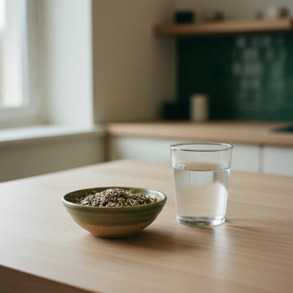 Small ceramic bowl of mixed seeds, dried herbs and a glass of water on a light wooden kitchen table