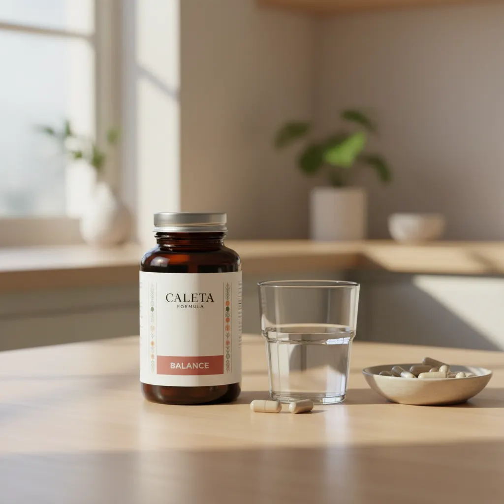 Caleta Formula white supplement bottle on a bright kitchen worktop beside a glass of water, morning light, product detail shot